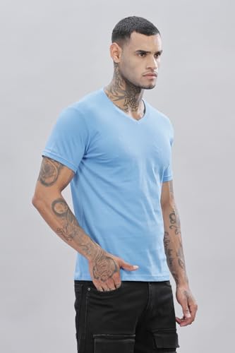 ADRO Men's V Neck Solid Cotton T-Shirt (VN-M-PLN-SK_SkyBlue)