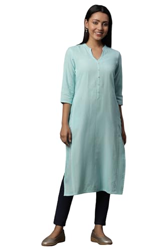 Aurelia Womens Cotton Blend Striped Regular Kurta (24FEA15006_Blue