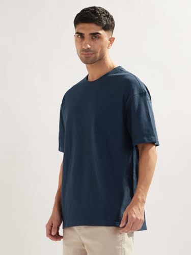Nobero MenS Self Design Oversized Fit T-Shirt (1M-Twts-R0102_Navy Blue