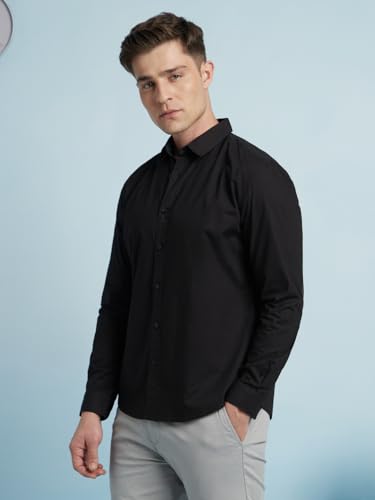 Dennis Lingo Men Cotton Regular Fit Solid Shirts Black