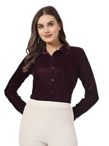 Style Quotient Women Wine Velvet Regular Fit Formal Shirt