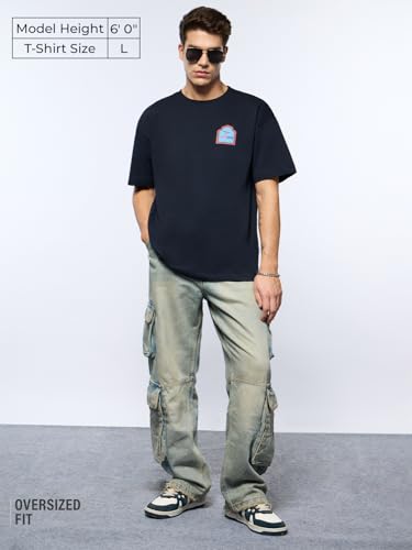 The Souled Store ISRO: Vintage Poster Men and Boys Short Sleeves Round Neck Navy Blue Graphic Printed Cotton Premium Heavy Gauge