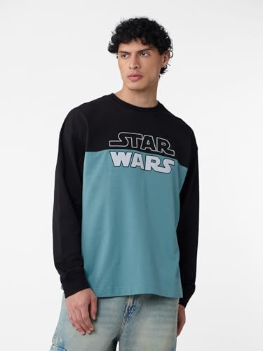 The Souled Store Star Wars: Fastest Ship Men and Boys Round Neck Blue and Black Graphic Printed Cotton Oversized Full Sleeve T-S