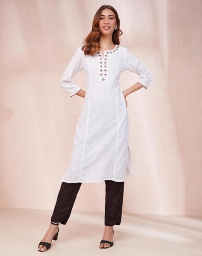 Fabindia WomenS Cotton Embroidered Slim Kurta (1037276White_White