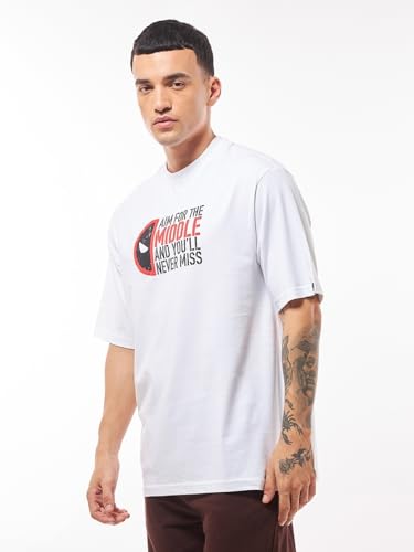 Bewakoof Official Marvel Merchandise Deadpool Mens Graphic Print Oversized Fit Half Sleeve Round Neck Cotton Jersey T-Shirt_644