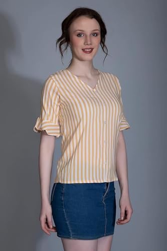Leriya Fashion WomenS Western Striped V-Neck Tops | Ruffle Sleeves | Comfortable Cotton Printed Button Down Tops For Casual | O