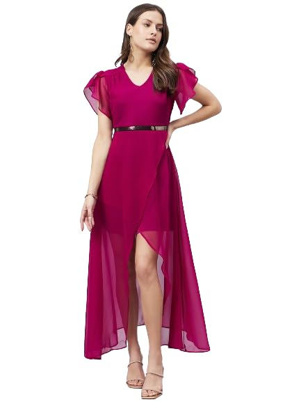 Style Quotient Women Wine Coloured Georgette Evening Maxi Dress