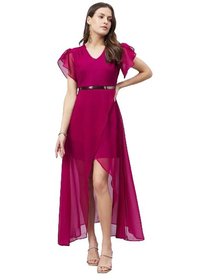 Style Quotient Women Wine Coloured Georgette Evening Maxi Dress