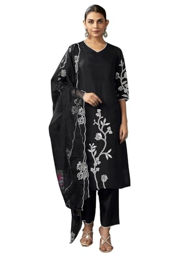 Sanisa Women's Silk Blend Embroidery and Mirror Work Straight Kurta with Pant and Dupatta Set