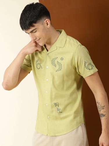 Thomas Scott Men Regular Fit Solid Cuban Collar Short Sleeve Shirt Olive