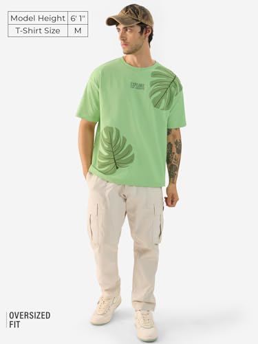 The Souled Store Explore The Unseen Men And Boys Short Sleeve Round Neck Green Embroided Cotton Oversized T-Shirts