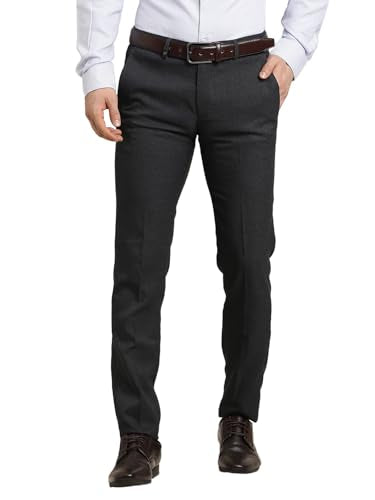 Turtle Men Charcoal Ultra Slim Fit Dobby Flat Front Polyviscose Stretch Formal Trouser
