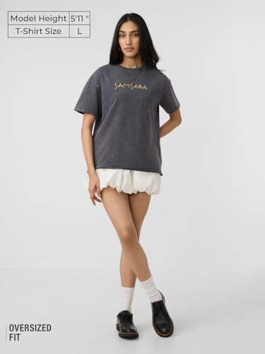 The Souled Store Samsara Women and Girls Short Sleeves Round Neck Grey Graphic Printed Cotton Oversized T-Shirts