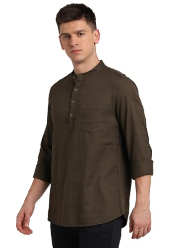 Turtle Men 100% Cotton Brown Solid Slim Fit Casual Kurta Shirt