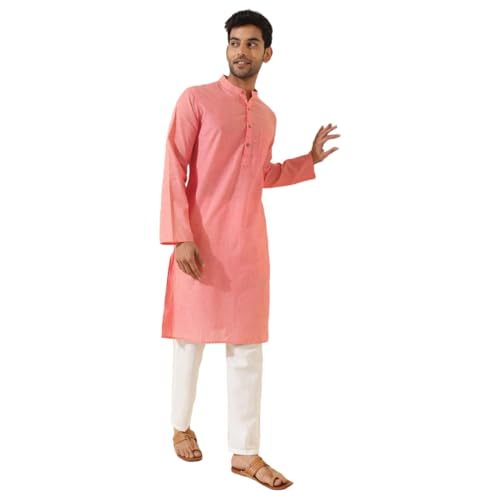 Fabindia MenS Cotton Solid Slim Kurta (1035965Coral_Coral
