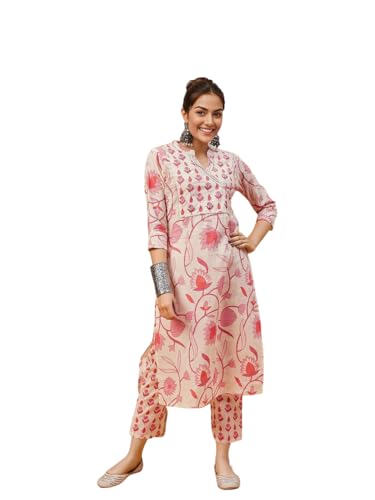 ishin Floral printed off white cotton kurta with trouser
