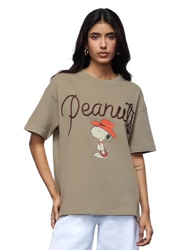 The Souled Store Peanuts: Retro Snoopy Women and Girls Short Sleeves Round Neck Beige Embroidered Cotton Lightweight Casual Stre