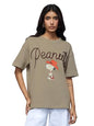 The Souled Store Peanuts: Retro Snoopy Women and Girls Short Sleeves Round Neck Beige Embroidered Cotton Lightweight Casual Stre
