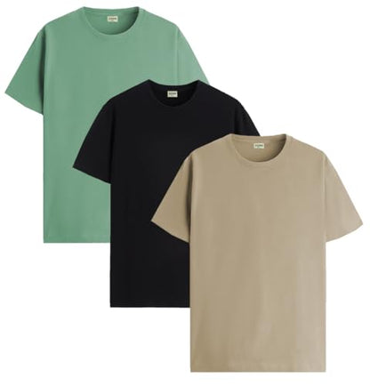 ADRO Men's Solid Regular Fit T-Shirt (RCM3-PLN-BL-BE-PT_Black,Beige,Pista