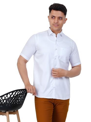 PRAKASAM COTTON Self Design Poly Cotton Moon Light White Half Sleeve Shirt for Mens/Regular Fit Half Sleeve Shirt for Mens