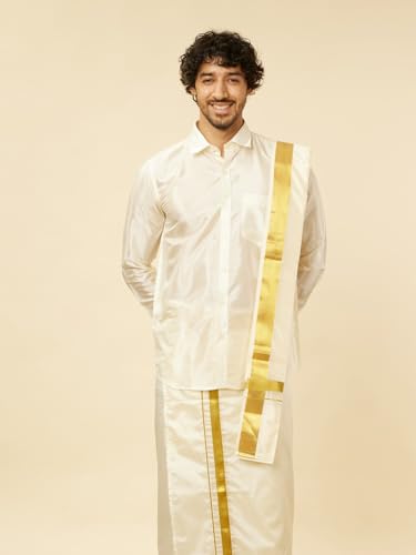 Manyavar Mens Cream Silk Solid Kurta Veshti Set