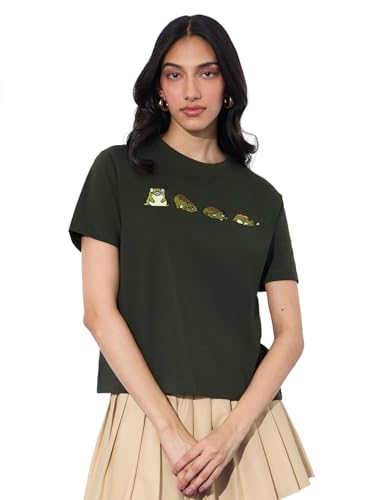 The Souled Store Relaxed T-Shirt: Tired Frog Women and Girls Short Sleeves Round Neck Green Embroidered Cotton Relaxed Fit T-Shi