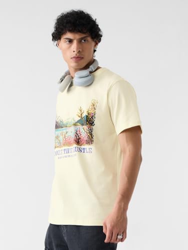 The Souled Store Relaxed T-Shirt: Lake Scene Men and Boys Short Sleeves Round Neck Off White Graphic Printed Cotton Relaxed Fit