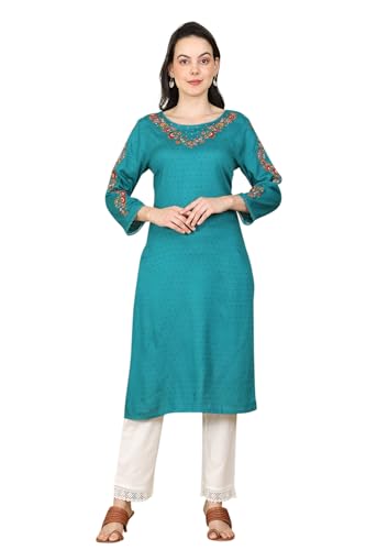 W for Woman Teal Thread Embroidered Neck Textured Dobby Straight Kurta