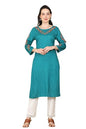 W for Woman Teal Thread Embroidered Neck Textured Dobby Straight Kurta