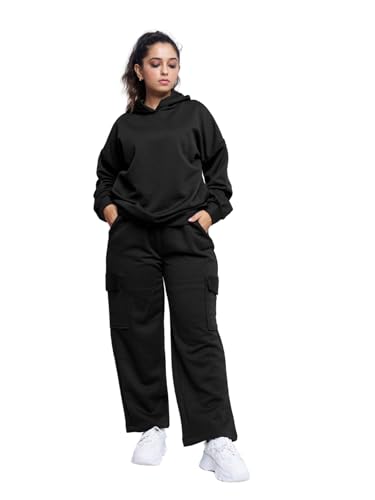 GRECIILOOKS Cotton Regular Woolen Co Ord Hoodie Set for Women Winter Wear | Full Sleeve (GL-W2067&TR1035_Black