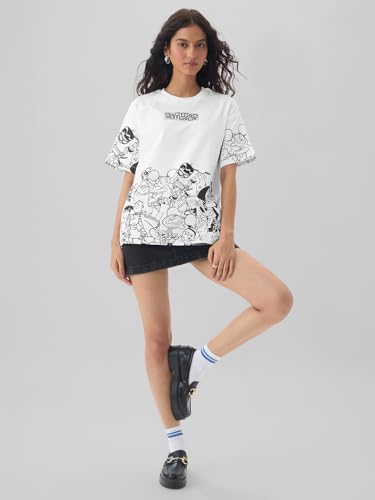 The Souled Store Cartoon Network: 90s Fave Women and Girls Short Sleeves Round Neck White Graphic Printed Cotton Lightweight Ev