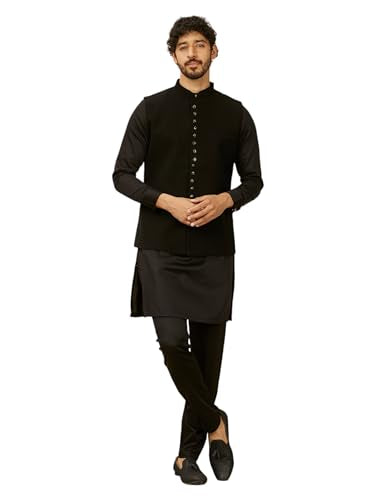 Manyavar Black Blended Rayon Solid Jackets For Men