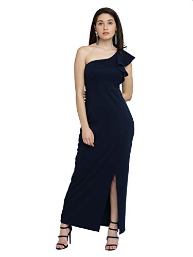 Miss Chase WomenS Designer Navy Blue Solid Slitted One Shoulder Ruffled Maxi Dress With Zip Closure (Mcaw17D10-37-71-05, Navy B