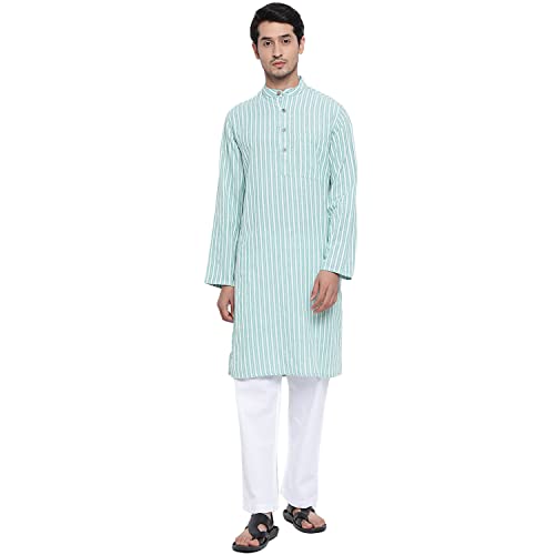 Fabindia Men Collar Cotton Dobby Slim Fit Long Kurta Chinese_S Green