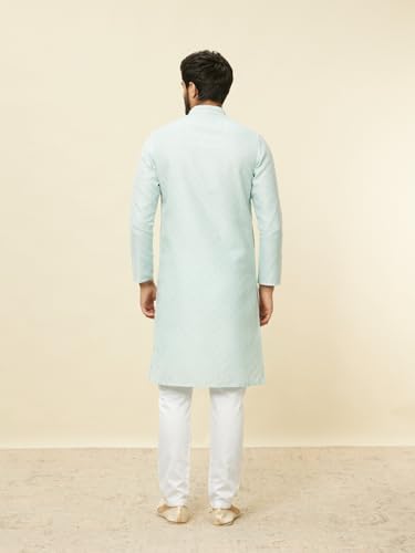 Manyavar Mens Blue Blended Cotton Printed Kurta Pyjama Set