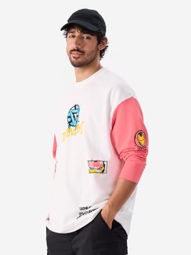 The Souled Store Official Iron-Man: Graffiti Round Neck 100% Cotton Graphic Print Oversized Fit Full Sleeve T-Shirts White