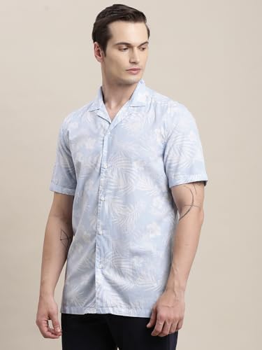 Turtle Men Cotton Tencel Light Blue Printed Half Sleeve Casual Shirt