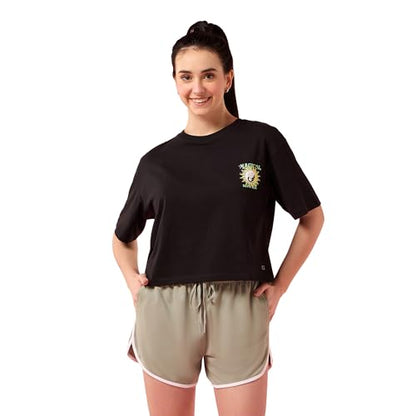 Enamor Womens Graphic Oversized Fit T-Shirt (E3G5_Jet Black Magical