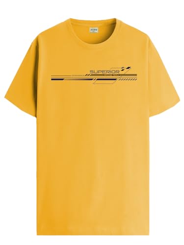 ADRO Men's Graphic Printed 100% Cotton T-Shirt - Regular Fit, Printed T-Shirts for Men (RN24-RAC-MU_Mustard_XL)
