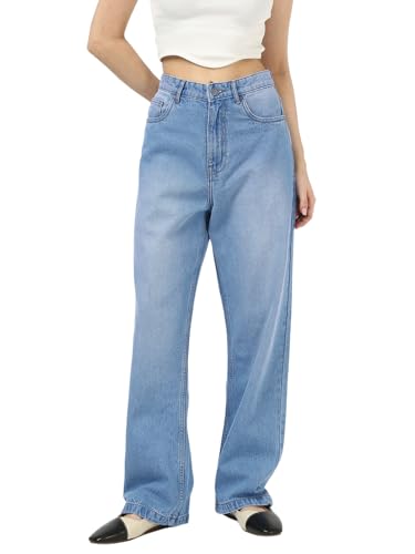 Bewakoof WomenS Washed Straight Fit Pure Cotton Baggy Jeans_662201_Blue_30