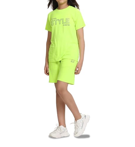 Kyda Kids Girls 100% Pure Cotton Premium Chest Printed Noen Green Tshirt And Short Set For Summer (Pack Of 1)