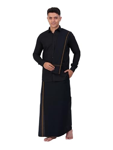 Prakasam Cotton Mens Small Border (Roja) Flexi Adjustable Readymade Pocket Black Dhoti + Readymade Full Sleeve Shirt + Black Sma