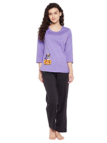 Clovia Womens Halloween Print Top & Solid Pyjama Set (LS0581A12_Purple_S)