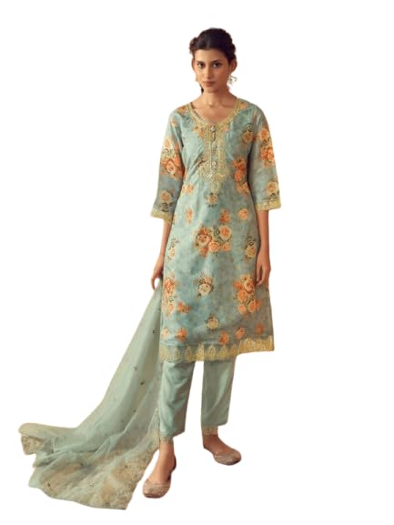 VARANGA Women Sea Green Floral Printed Zari Embroidered Kurta With Bottom And Dupatta