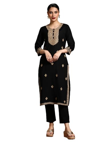 Varanga Women Floral Motif Thread Embroidered Yoke with All Over Buta Kurta Black