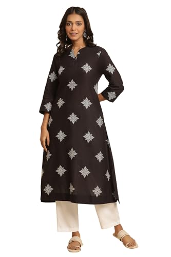 W Women Black Floral Print Cotton A-Line Kurta