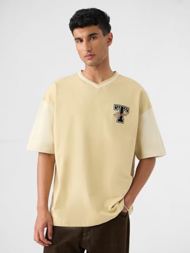 The Souled Store Ted The Stoner: Adventure Men and Boys Short Sleeves Round Neck Yellow Embroidered Cotton Oversized T-Shirts