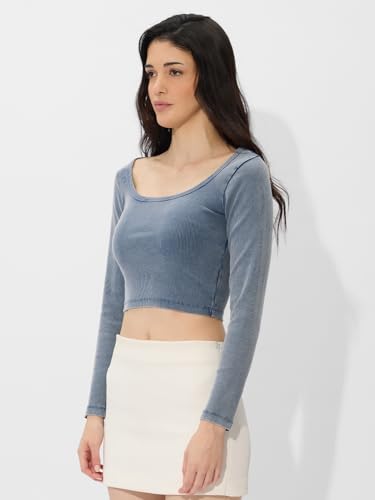 The Souled Store Solids: Acid Wash Blue Women and Girls Long Sleeves Square Neck Cotton Blend Slim Fit Cropped Tops