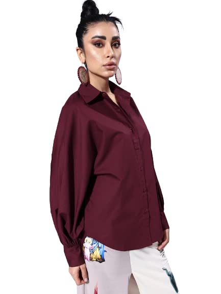 Style Quotient Women Solid Maroon Polycotton Smart Casual Oversized Shirt