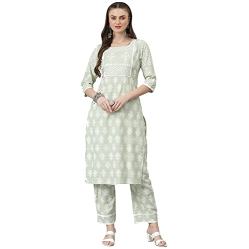 Stylum Women's Floral Print Rayon Kurta Pant Set (Mint Green)